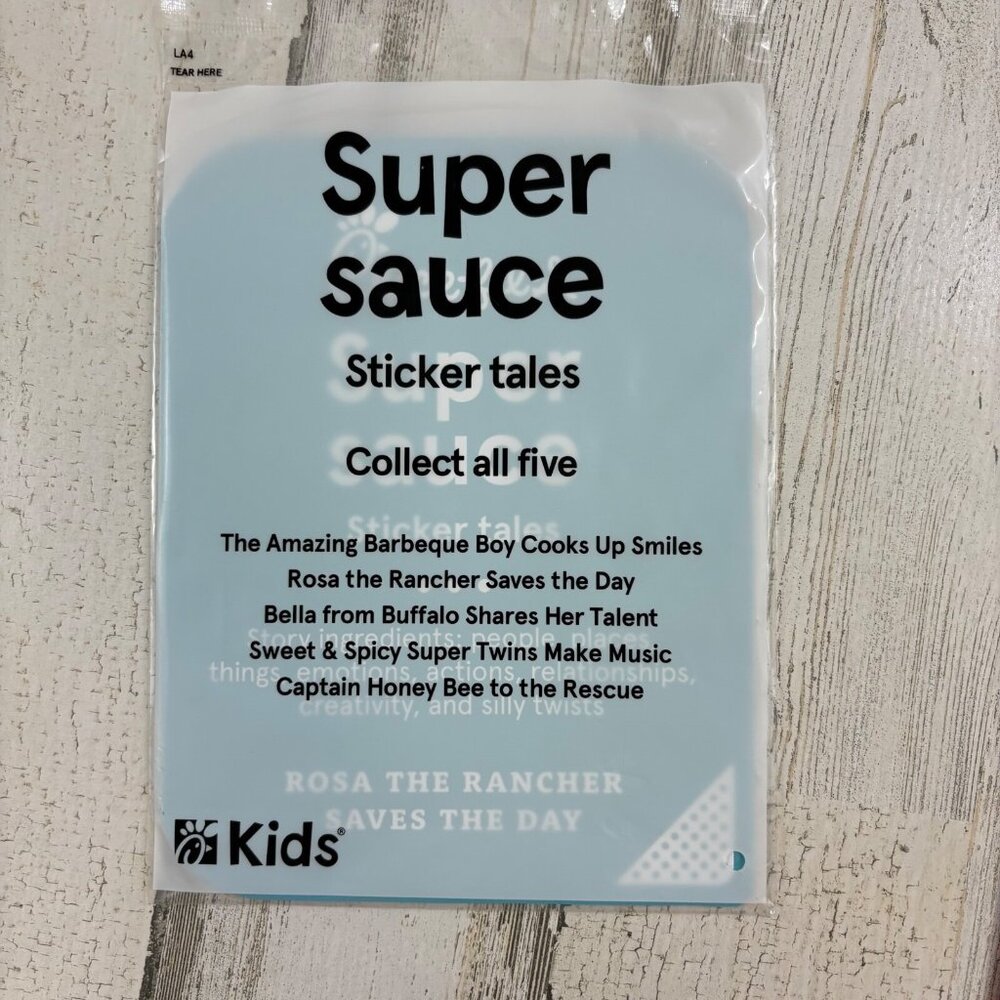 Chick fil A Super Sauce Sticker Tales Kids Meal Toy Rosa Rancher Saves the Day